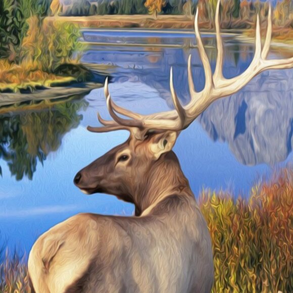 Majestic Landscape Elk Sunset Floral Wall Art‎ Watercolor Oil Painting Art Print - Picture 4 of 6